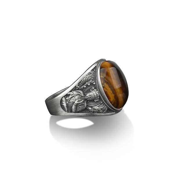 Tiger's eye silver buddha man ring, Sterling silver Abhaya Mudra Buddha engraved tiger's eye gemstone ring, Signet ring for men and women