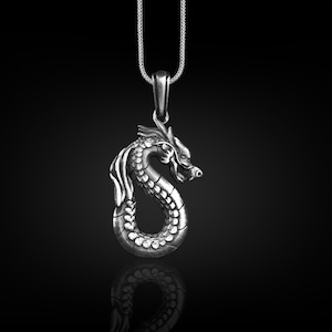 Chinese Dragon 3D Pendant Necklace, Fantasy Necklace For Chinese New Year, Oxidized Chinese Mythology Necklace in Silver, Cool Necklace