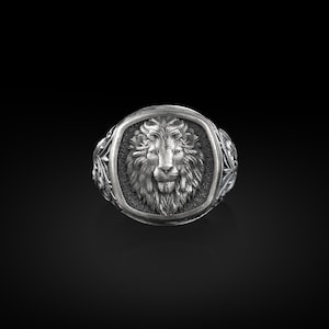 African wild lion square signet silver men ring, Sterling silver man jewelry, Leo zodiac gfts for women, Horoscope jewelry, Astrology rings