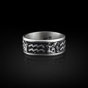 Aquarius 925 Silver Personalized Ring, Sterling Silver Zodiac Jewelry, Men Wedding Band Ring, Celestial Ring, Astrology Ring, Memorial Gifts