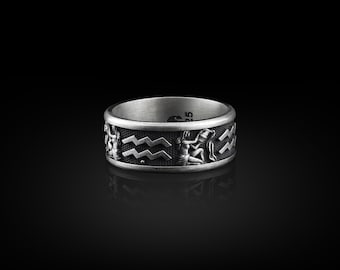 Anillo personalizado de plata Aquarius 925, joyería del zodíaco de plata de ley, anillo de banda de bodas para hombres, anillo celestial, anillo de astrología, regalos conmemorativos