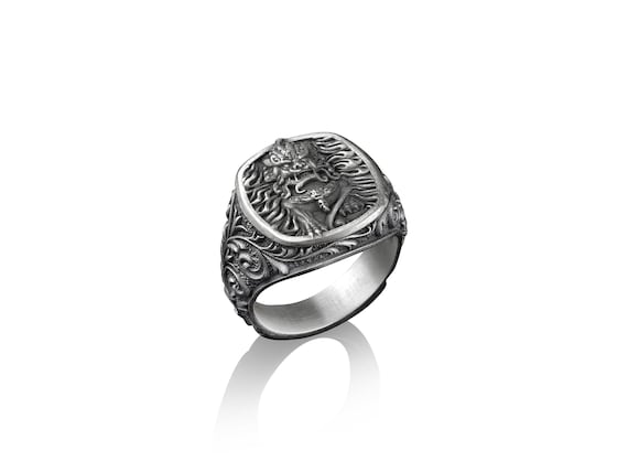 日本未入荷 Copping Zone - F*ck Engraved Oxidized Ring Handmade Japanese Foo Dog, Sterling Silver Square Signet