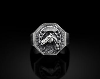 Handmade Horseshoe Man Ring, Gold Plated Horse Ring, 925 Silver Horse Head Signet Mens Ring, Sterling Silver Wedding Men Ring, Boho Men Ring