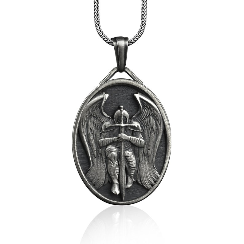 Handmade Silver St. Michael The Archangel Necklace, Customizable Archangel Necklace, Catholic Gifts for Women, Archangel Men Gift Necklace image 1