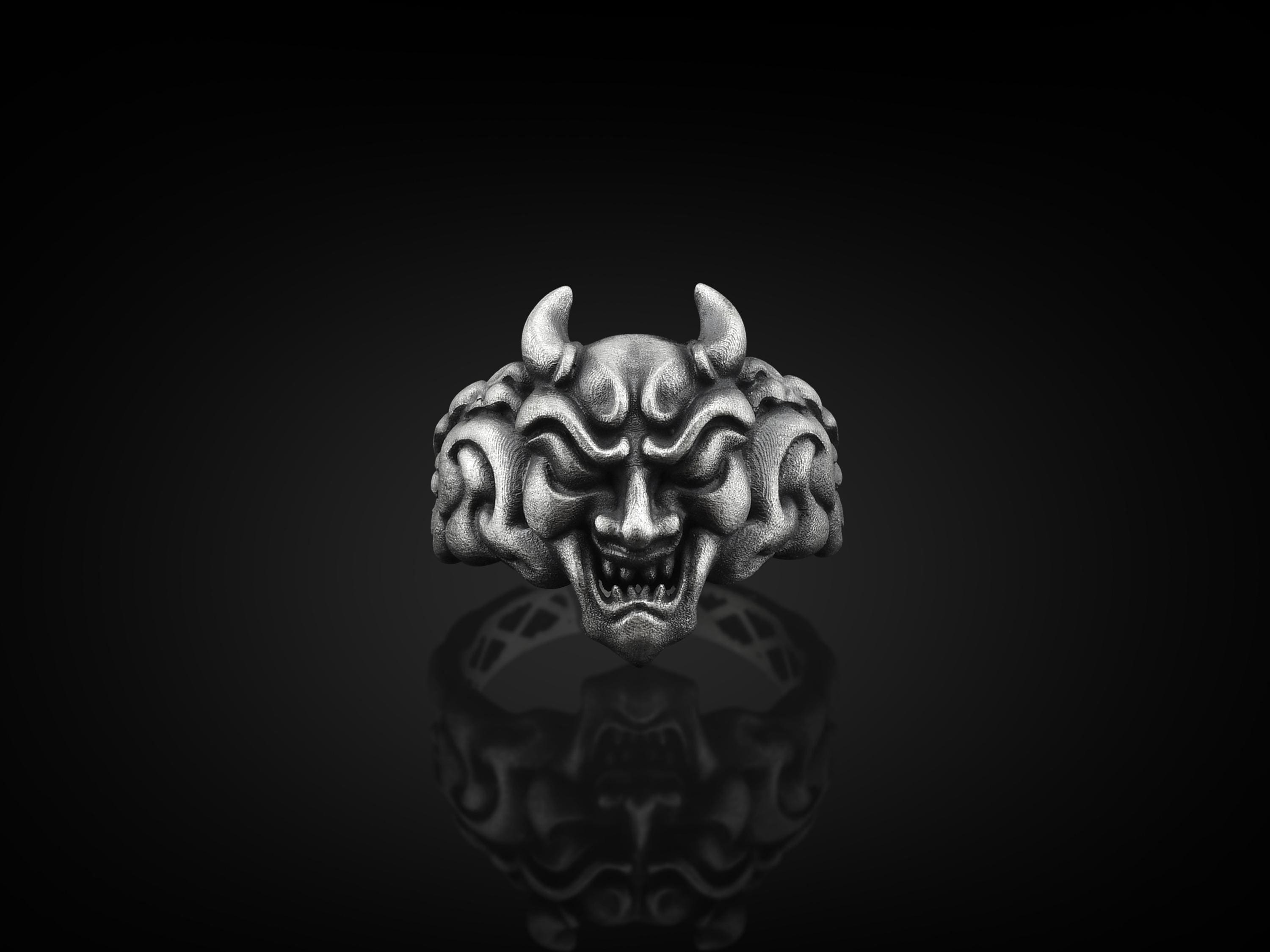 Oni Ghost Silver Ring For Mens, Samurai Assassin Demon Sterling Silver Men Ring, Demon Mask Ring, Samurai Japanese Men Jewelry, Ring For Men
