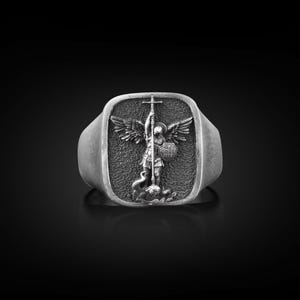 Saint Archangel Michael Christian Pinky Ring for Men in Silver, St Michael Square Signet Ring For Men, Religious Mens Gift Ring in Silver