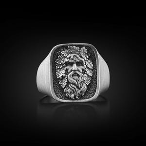 Jack in the Green Man Ring in Oxidized Silver, Extraordinary Square Signet Ring For Men, Mythology Ring with Leaf, Fantasy Ring For Husband