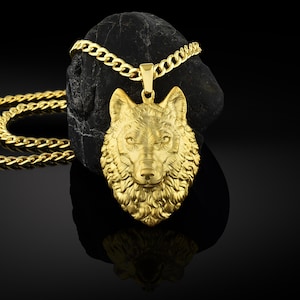 18k gold wolf necklace, 14k gold mens wolf pendant with cuban chain, personalized 10k gold wolf pendant, 18k solid gold wolf head necklace