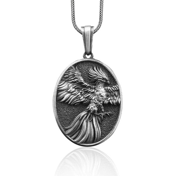 Collier à breloques homme en argent sterling fait main phénix ailé, bijoux phénix de la mythologie grecque antique, pendentif oiseau mythique, collier animal