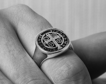 Saint Benedict Signet Ring with Catholic Cross Pattern, Handmade Catholic Gift Jewelry Rings for Anniversary