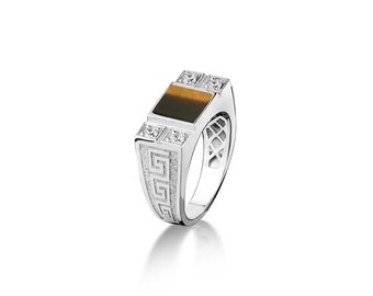 Bague homme oeil de tigre plat gravé méandre sur le côté avec cz, bague unique en pierre gemme oeil de tigre en argent sterling pour homme, bague cool faite à la main