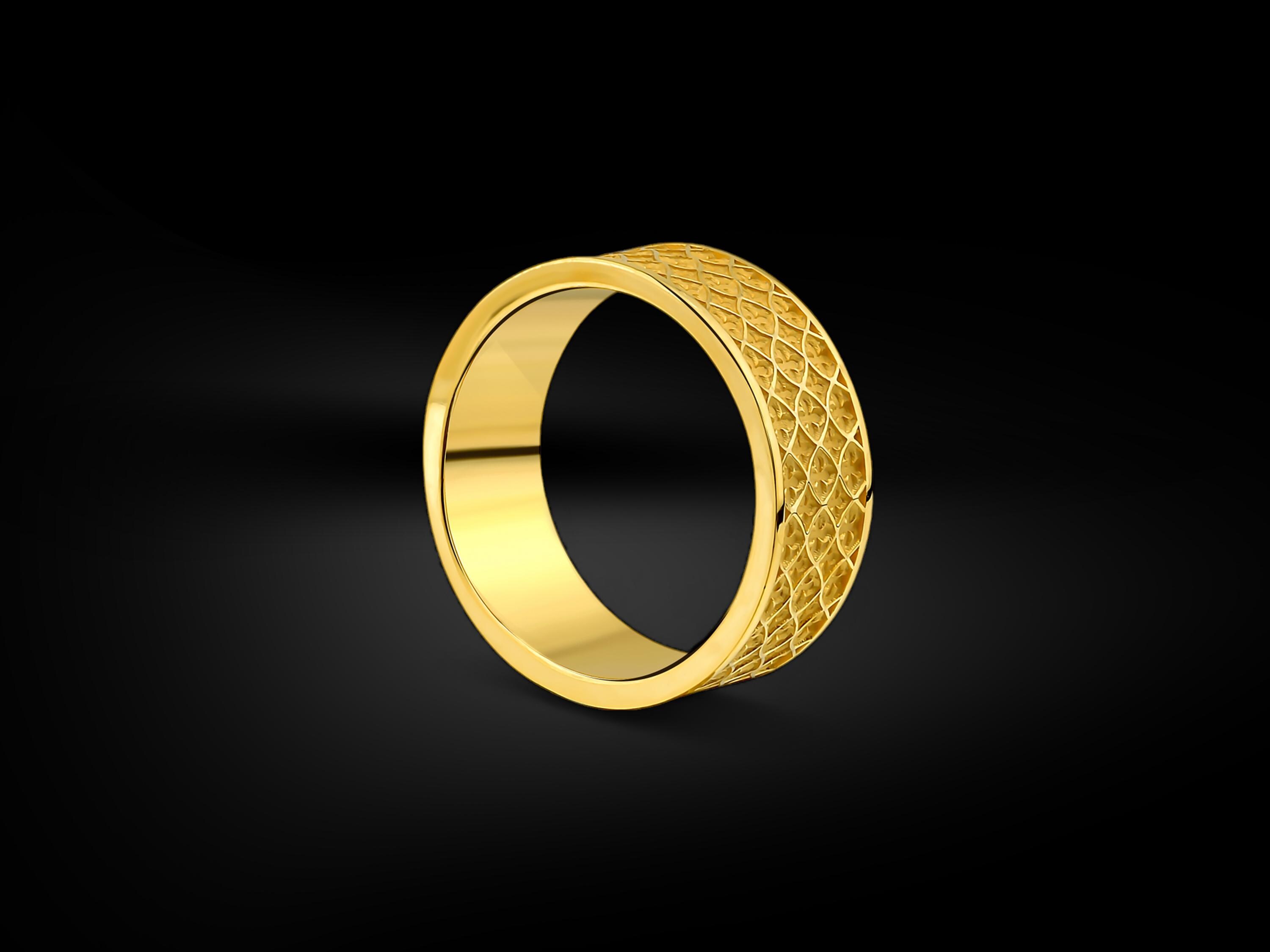 Unique Gold Men Band Ring, Embossed Four Leaf Clover Mens
