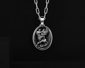 Hercules and the Nemean Lion Engraved Silver Necklace, Handmade Son of Zeus Personalized Gift Pendant for Men