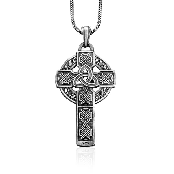 Engraved Celtic Cross Knot Silver Necklace, Wiccan Good Luck Pagan Pendant, Viking Knot Irish Charm Triquetra Love Sacred Jewelry Necklace