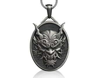 Japanese oni mask pendant necklace in silver, Personalized unique unisex necklace, Custom name pendant for best friend
