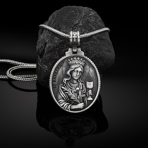 Sterling Silver Saint Barbara Men&#39;s Necklace, Silver Saint Barbara Medallion, Silver Christian Man Pendant, Religious Silver Gift Accessory