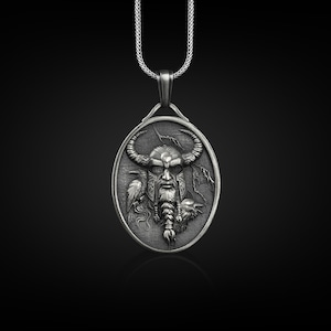 Odin with raven pendant necklace in silver, Personalized norse mythology necklace for best friend, Birthday gift for him