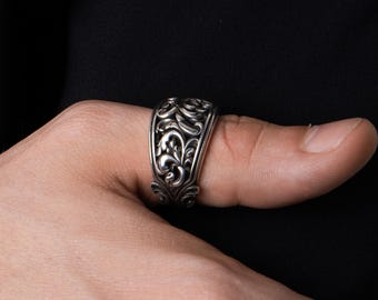 Baroque Royal Pattern Grass Engraved Silver Ring, Vintage Decor Pattern Personalized Rings Jewelry for Anniversary