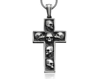 Skull in cross sterling silver necklace for men, Gothic cross pendant for boyfriend, Occult necklace for best friend