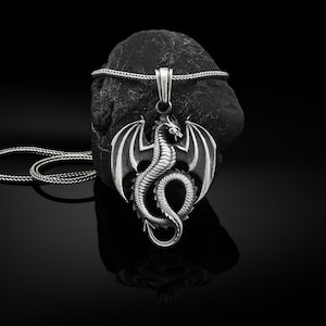 Winged Dragon Silver Man Necklace, Mens Dragon Pendant With Chain, Oxidized Silver Dragon Gift Pendant, Medieval Dragon Silver Men Pendant