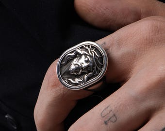 Jesus Christ Crown of Thorns Engraved Silver Men's Ring, Unique Handmade Religious Catholic Gift Jewelry