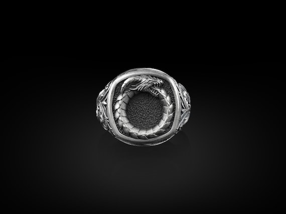 Ouroboros Dragon Ring, Sterling Silver Square Signet Ring, Alchemy 