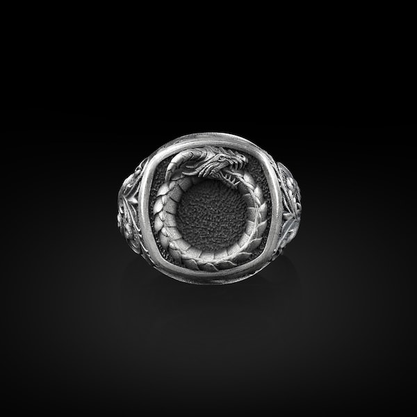 Ouroboros Dragon Ring, Sterling Silver Square Signet Ring, Alchemy Ring, 1 Year Anniversary Gift for Boyfriend, 21st Birthday Gift for Her