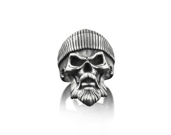 Hippie Skull Biker Ring for Men in Sterling Silver, Unique Punk Mens Ring, Oxidized Male Ring in Gothic Style, Biker Ring For Best Friend