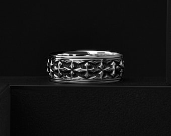 Medieval Gothic Cross Pattern Band Silver Men's Ring, Personalized Vintage Biker Wedding Gift Jewelry Bands
