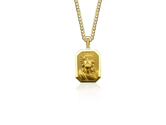 Gold Jesus Head Mens Necklace Religious 