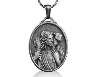 Good shepherd jesus with lamb necklace in silver, Personalized necklace for catholic, Religious necklace for christian