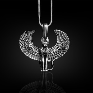Cat form bastet pendant necklace for men in silver, Ancient egyptian mythology necklace for husband, Handmade necklace