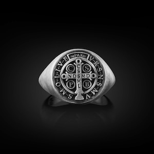 St Benedict Signet Pinky Ring for Men in Sterling Silver, Extraordinary Cross Ring in Christianity, Antique Faith Ring in Silver, Men Gifts