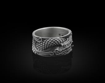 Japanese Dragon Silver Mythology Ring, 925 Sterling Silver Biker Ring, Stackable Ring, Handmade Jewelry, Engraved Ring, Best Man Gift