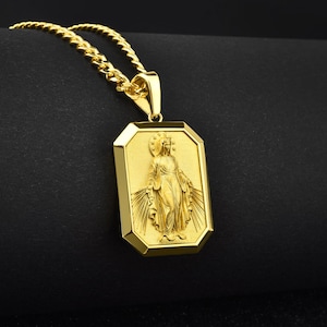 Miraculous virgin Mary 10k gold necklace, 14k gold holy mother men pendant, Christian gold men jewelry, Miraculous symbol birthday gold gift
