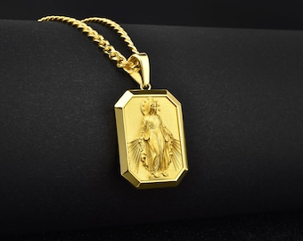 Miraculous virgin Mary 10k gold necklace, 14k gold holy mother men pendant, Christian gold men jewelry, Miraculous symbol birthday gold gift