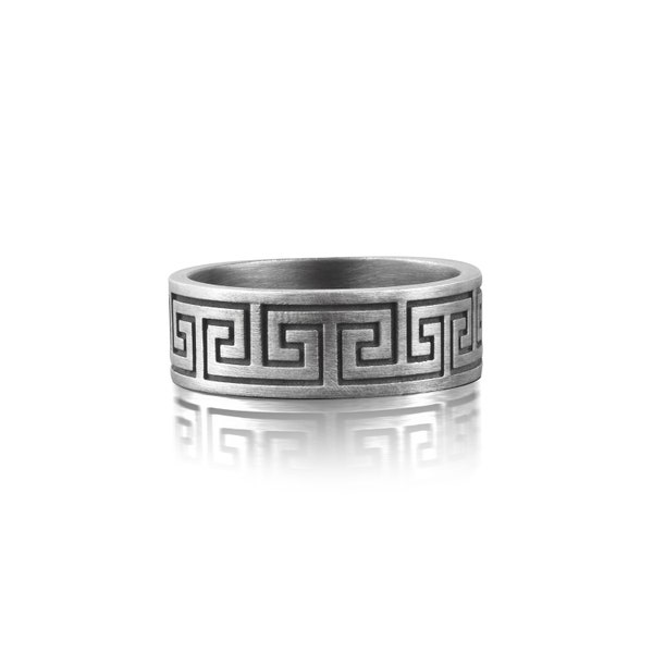 Altgriechisch Mäander Versprechen Ring Männer, griechische Herren Ehering aus oxidiertem Sterling Silber, Mythologie Ring für Papa, Stapelring