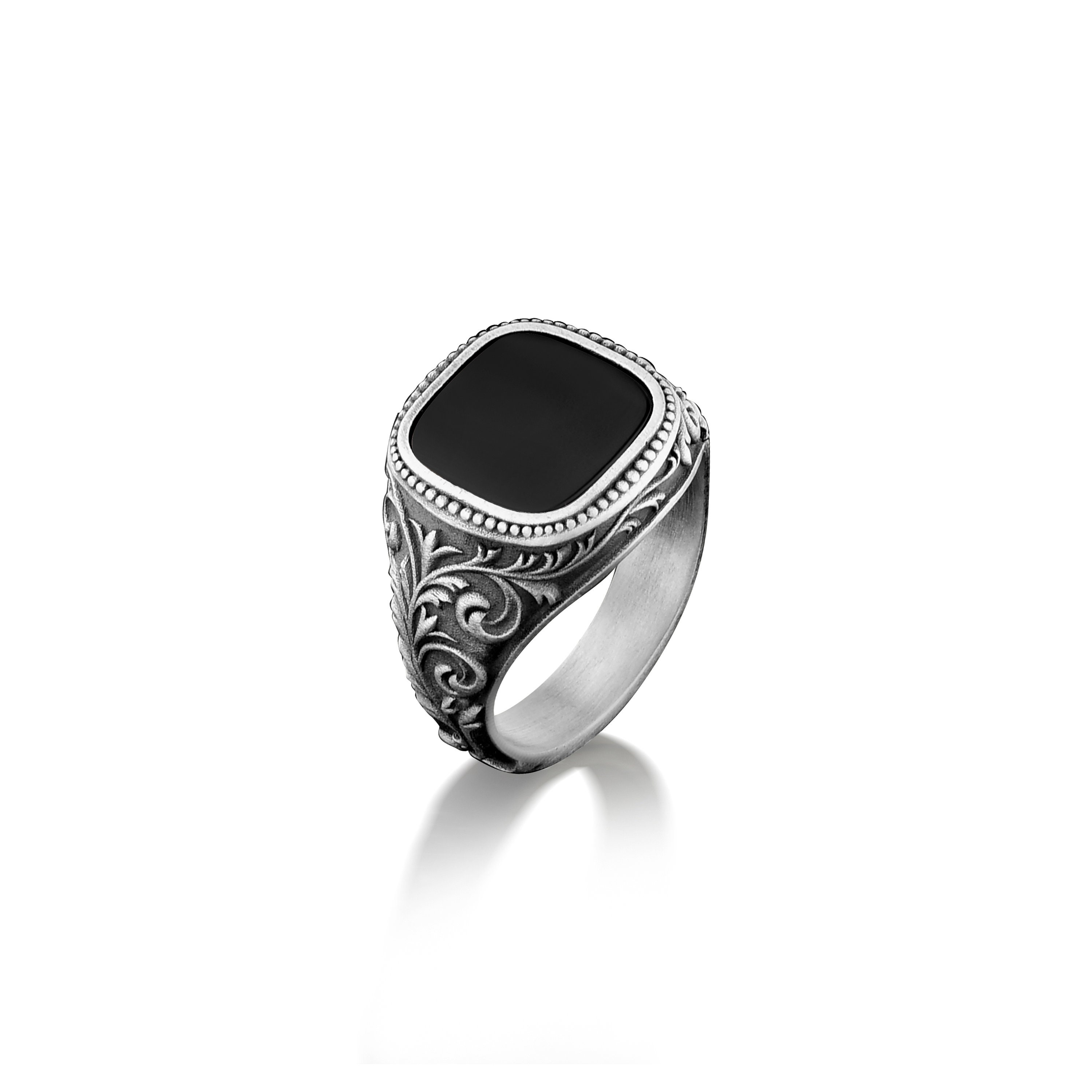 Cushion Cut Black Onyx Victorian Ring for Men, Engraved Lily on