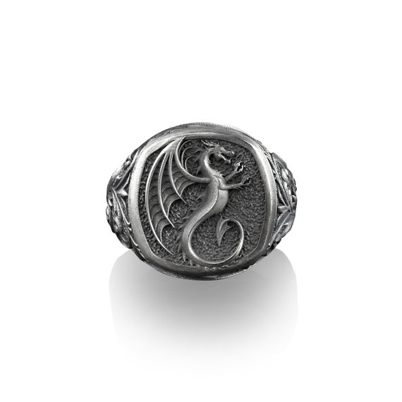 Winged Dragon Sterling Silver Square Signet Ring Mythical