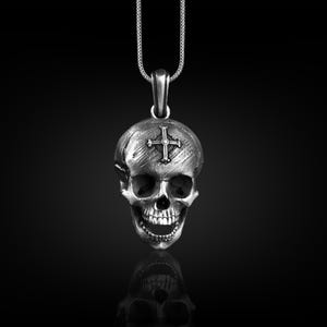 Cross Fleury on Skull Necklace For Men, Heraldic Gothic Necklace in Sterling Silver, One Of A Kind Goth Necklace, Punk Necklace For Husband