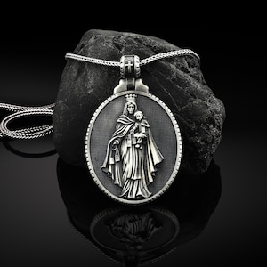 Silver Virgin Mary Mens Necklace, Virgen Del Carmen Pendant, Silver Catholic Pendant, Holy Mother Necklace, Silver Religious Men&#39;s Jewelry