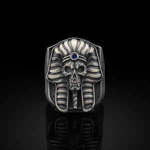 Pharaoh Skull Handmade Silver Signet Ring, Tutankhamun Skull Ancient Egpyt Sterling Silver Men Jewelry, Silver Biker Ring, Mythology Gift