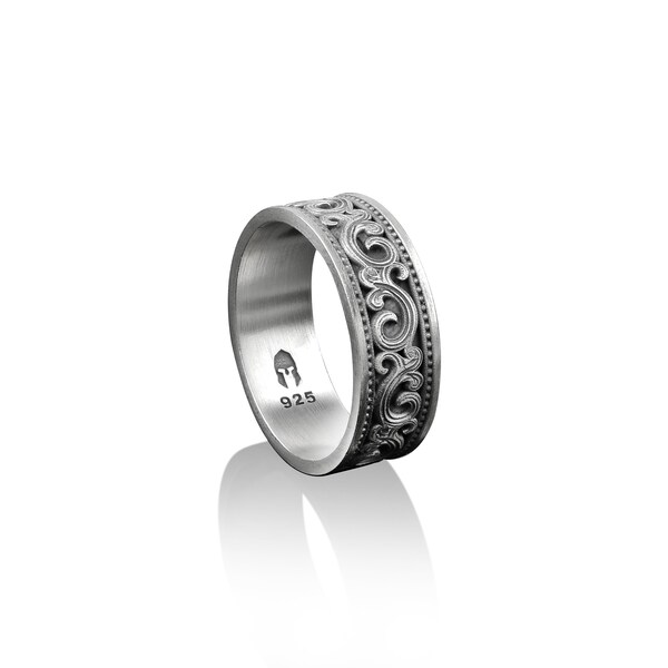 Viktorianischen Blatt Motiv Männer Ehering, Sterling Silber Vintage Barock Männer Verlobungsring, Herren Schmuck, minimalistischen Ring, Trauzeugen Geschenk