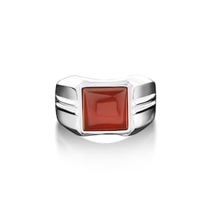 Big red agate men ring in 925 sterling silver, Wide band ring with large carnelian gemstone, Square agate stone ring for dad, statement ring
