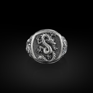 Azure Wyvern Square Signet Ring, Chinese Dragon Mythology, Sterling Silver Mens Rings, Pinky Signet Rings for Women, Small Anniversary Gift