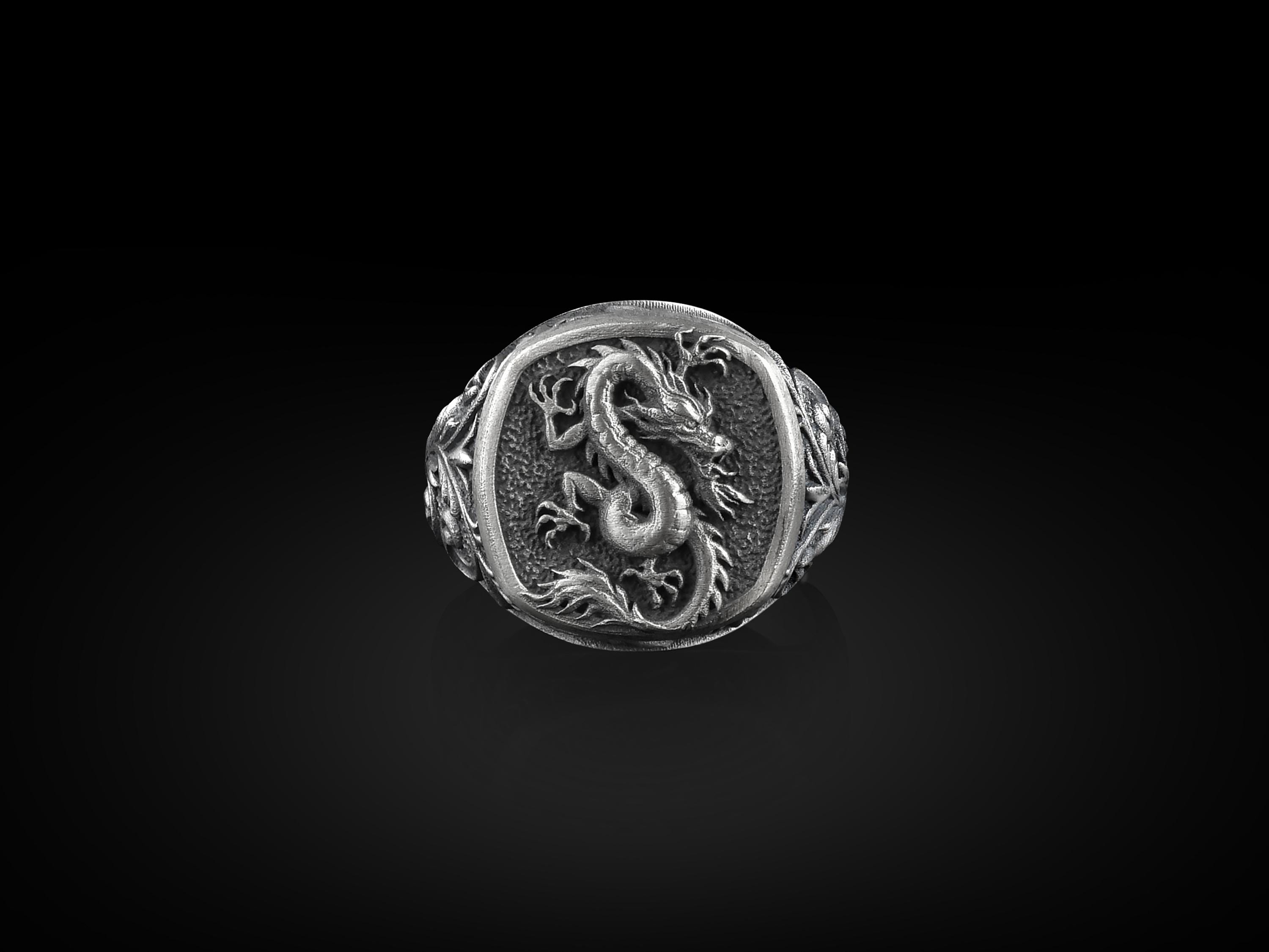 Chevalière carrée wyverne azur, mythologie du dragon chinois, bagues pour homme en argent sterling, bagues auriculaires pour femme, petit cadeau d'anniversaire