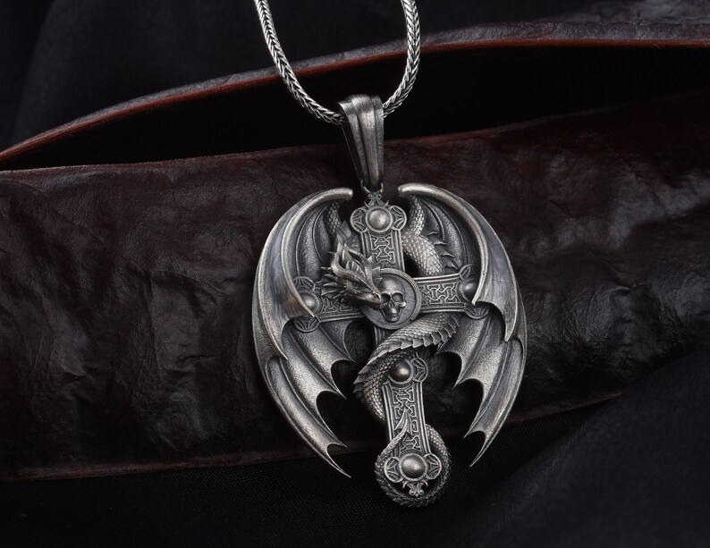 Silver Dragon Crucifix Mens Necklace Christian Dragon Man | Etsy