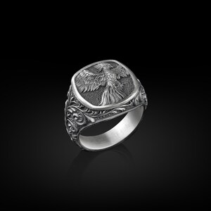 Winged Phoenix Square Signet Ring for Men in Sterling Silver, Phoenix ...