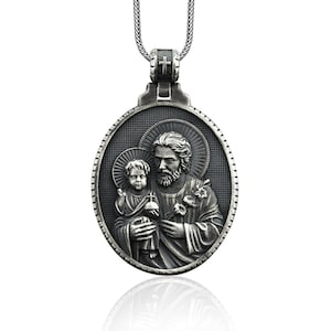 Saint Joseph Mens Necklace, Saint Joseph Silver Pendant, Silver Christian Medallion, Christian Jewelry, Saint Joseph and Baby Jesus Necklace
