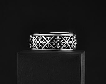 Ornate Geometric Personalized Band Ring for Men, Handmade Black Oxidized Silver Wedding Gift Jewelry Rings